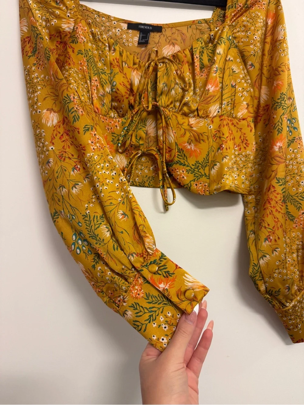Forever 21 Mustard Floral Tie-Front Cropped Peasant Top